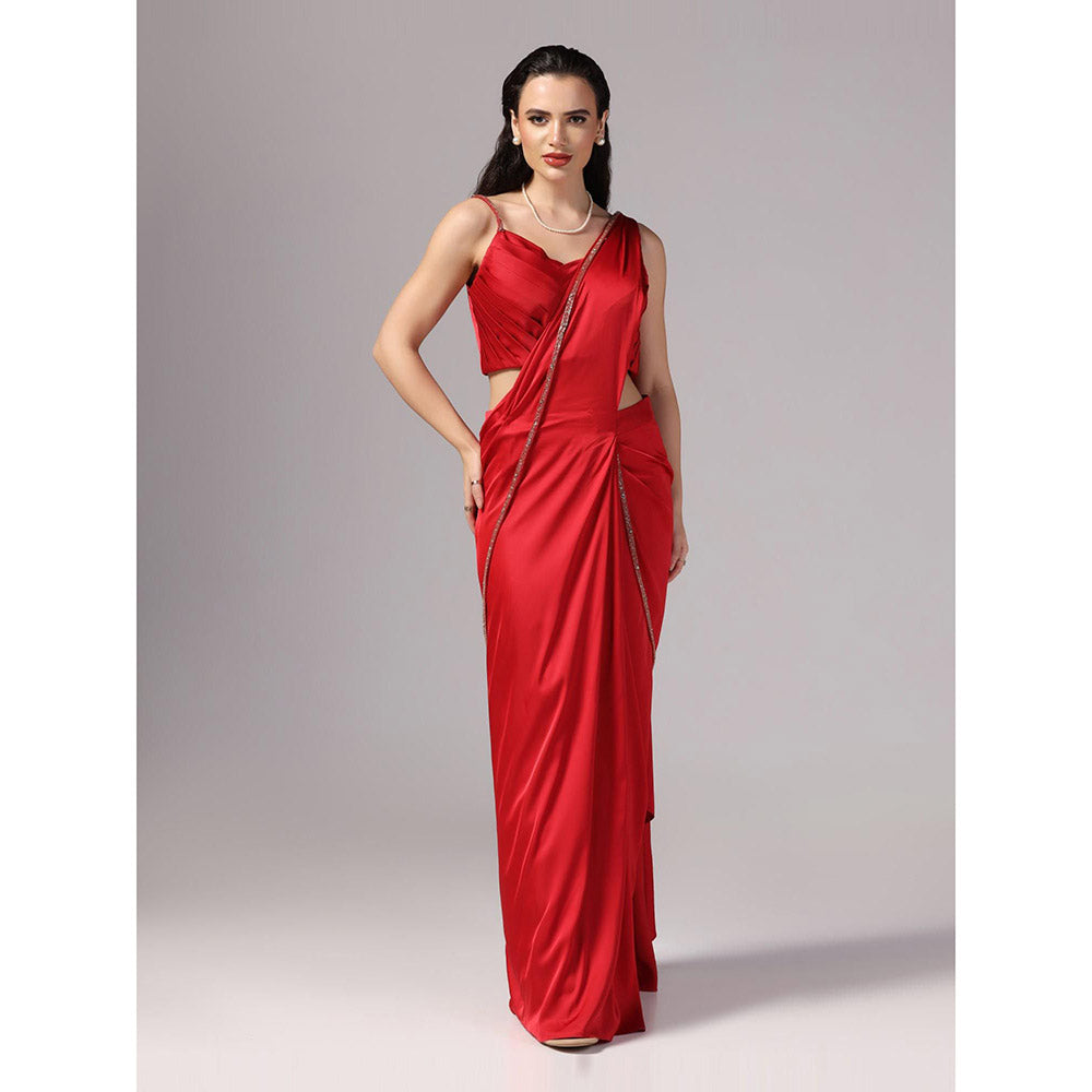 Sunanta Madaan Red Indo Western Pre-Draped Saree with Stitched Blouse