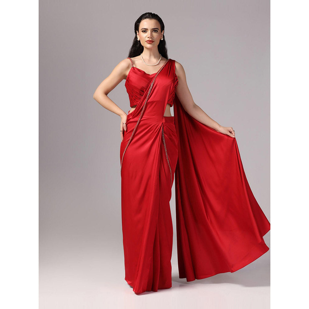 Sunanta Madaan Red Indo Western Pre-Draped Saree with Stitched Blouse