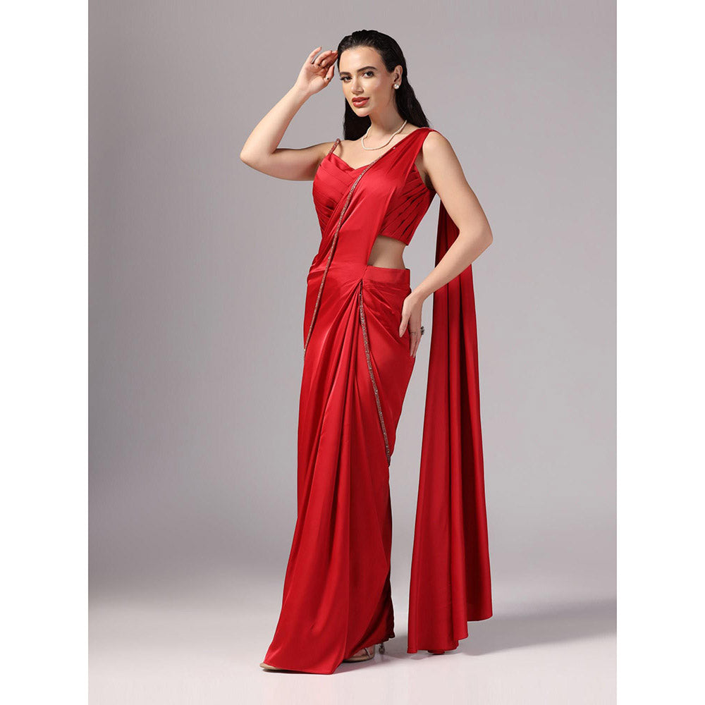 Sunanta Madaan Red Indo Western Pre-Draped Saree with Stitched Blouse