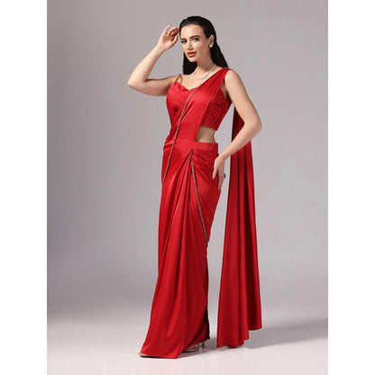 Sunanta Madaan Red Indo Western Pre-Draped Saree with Stitched Blouse