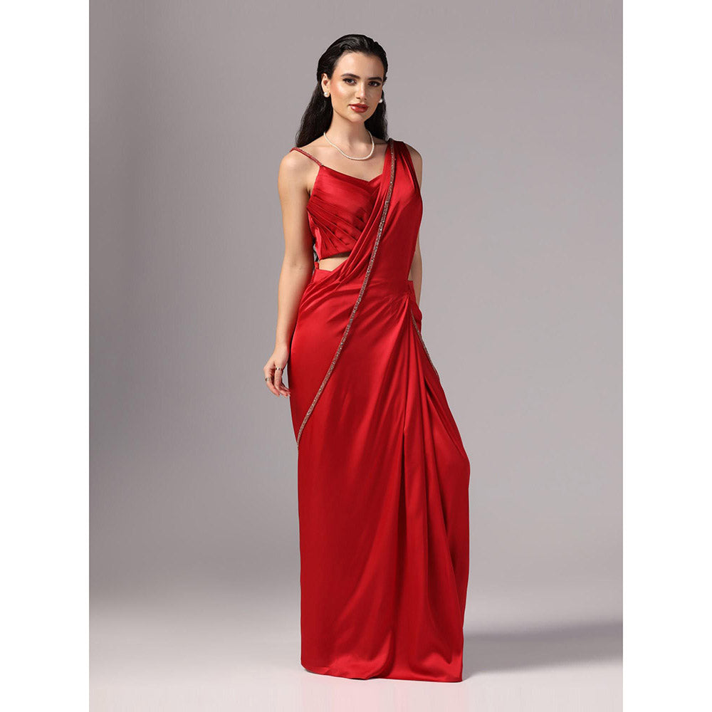 Sunanta Madaan Red Indo Western Pre-Draped Saree with Stitched Blouse
