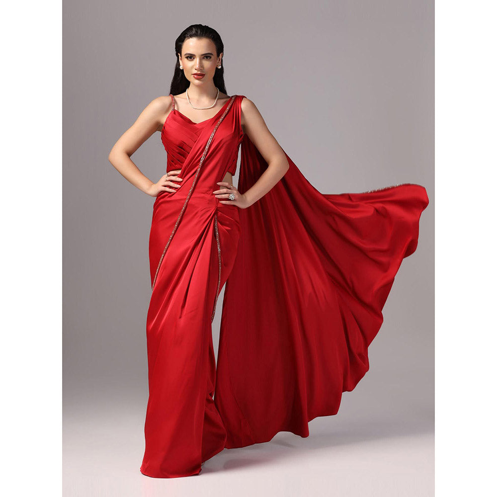 Sunanta Madaan Red Indo Western Pre-Draped Saree with Stitched Blouse