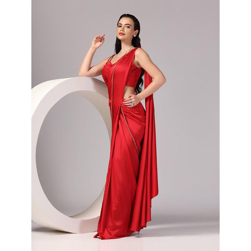 Sunanta Madaan Red Indo Western Pre-Draped Saree with Stitched Blouse