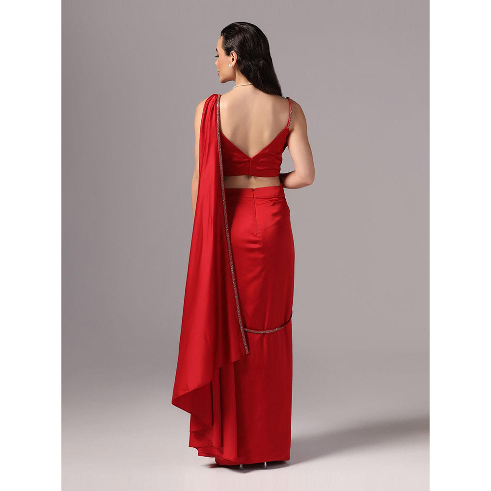 Sunanta Madaan Red Indo Western Pre-Draped Saree with Stitched Blouse