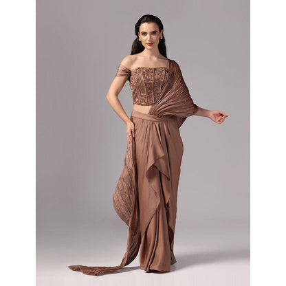 Sunanta Madaan Brown Indo Western Pre-Draped Saree with Stitched Blouse