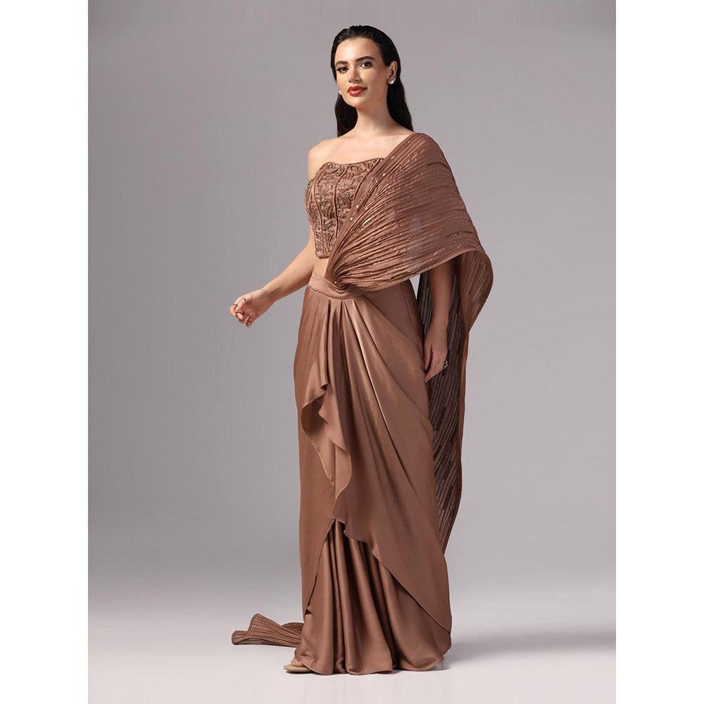 Sunanta Madaan Brown Indo Western Pre-Draped Saree with Stitched Blouse