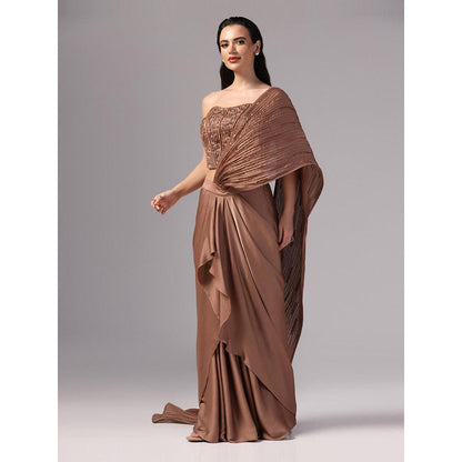 Sunanta Madaan Brown Indo Western Pre-Draped Saree with Stitched Blouse