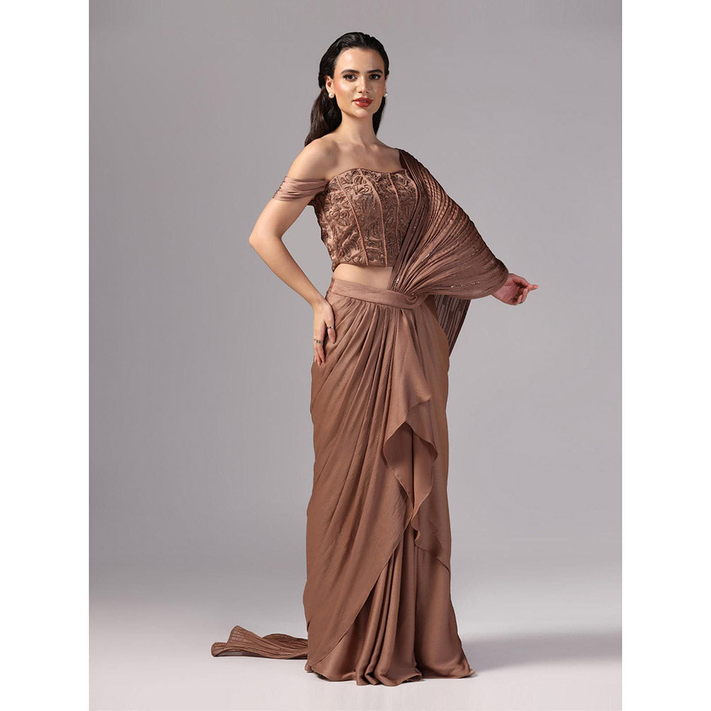 Sunanta Madaan Brown Indo Western Pre-Draped Saree with Stitched Blouse