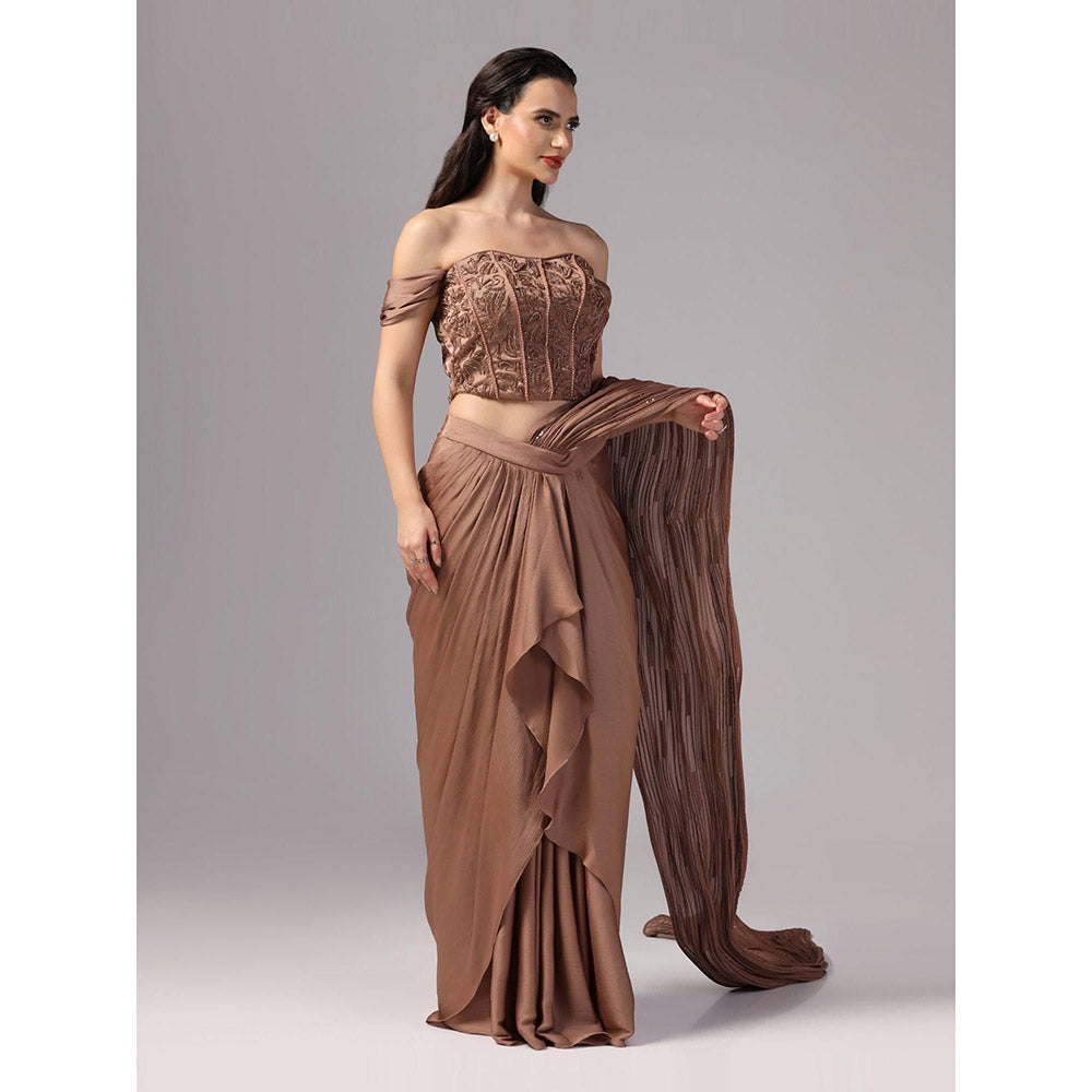 Sunanta Madaan Brown Indo Western Pre-Draped Saree with Stitched Blouse