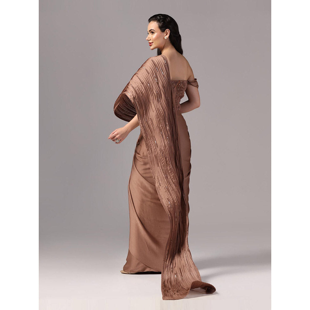 Sunanta Madaan Brown Indo Western Pre-Draped Saree with Stitched Blouse