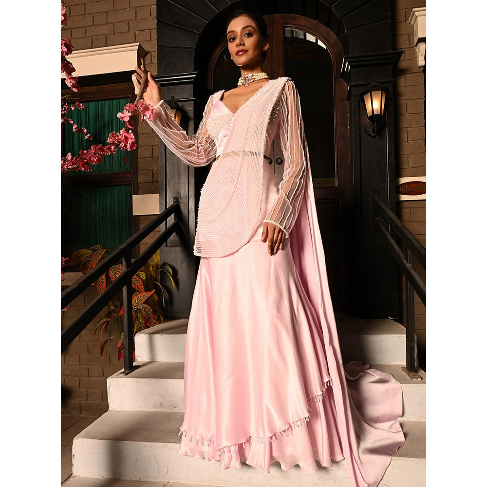Sunanta Madaan Pink Colour Pre Draped Indo Western Saree with Stitched Blouse