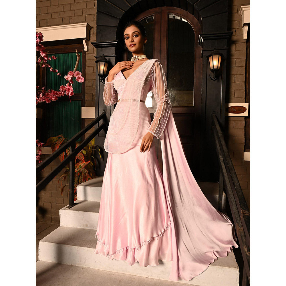 Sunanta Madaan Pink Colour Pre Draped Indo Western Saree with Stitched Blouse