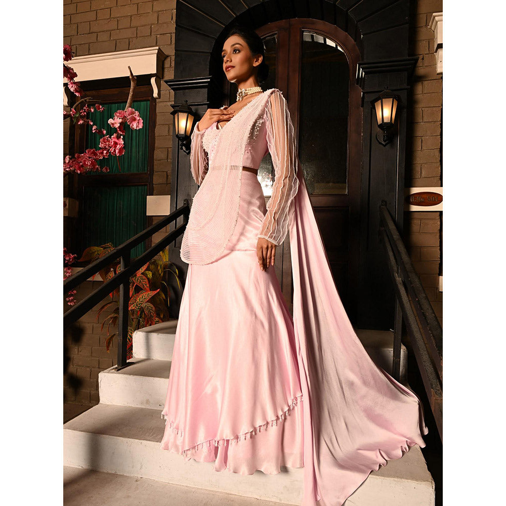 Sunanta Madaan Pink Colour Pre Draped Indo Western Saree with Stitched Blouse