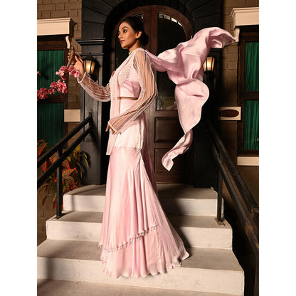Sunanta Madaan Pink Colour Pre Draped Indo Western Saree with Stitched Blouse