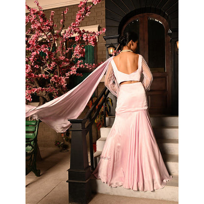Sunanta Madaan Pink Colour Pre Draped Indo Western Saree with Stitched Blouse