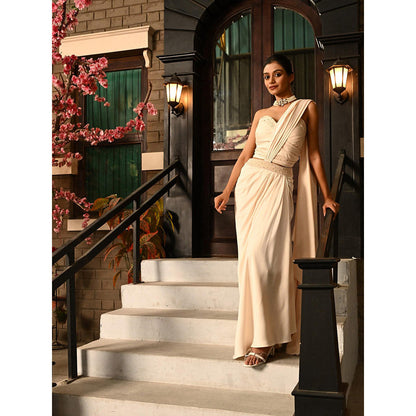 Sunanta Madaan Beige Indo Western Pre-Draped Saree with Stitched Blouse