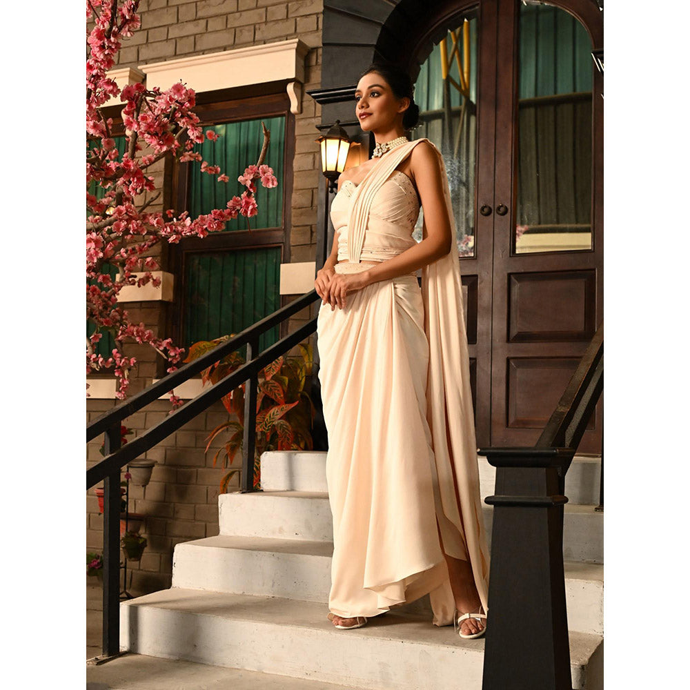 Sunanta Madaan Beige Indo Western Pre-Draped Saree with Stitched Blouse