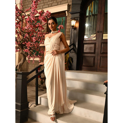 Sunanta Madaan Beige Indo Western Pre-Draped Saree with Stitched Blouse