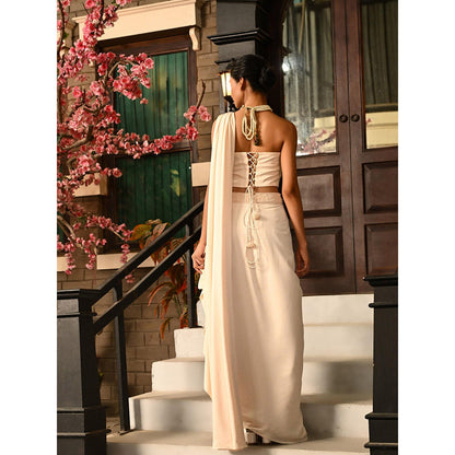 Sunanta Madaan Beige Indo Western Pre-Draped Saree with Stitched Blouse