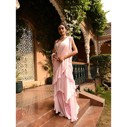 Sunanta Madaan Pink Pre Draped Indo Western Saree with Stitched Blouse