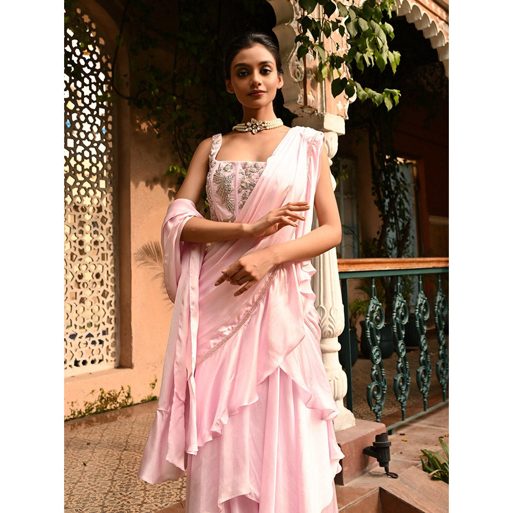 Sunanta Madaan Pink Pre Draped Indo Western Saree with Stitched Blouse