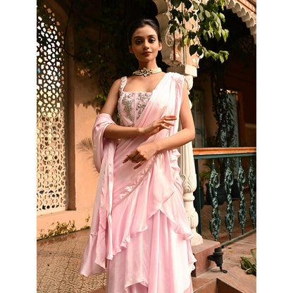 Sunanta Madaan Pink Pre Draped Indo Western Saree with Stitched Blouse