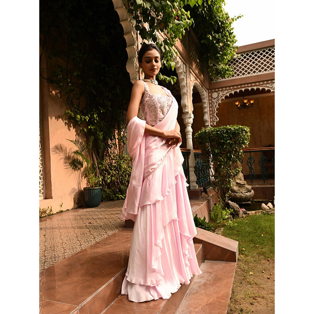 Sunanta Madaan Pink Pre Draped Indo Western Saree with Stitched Blouse