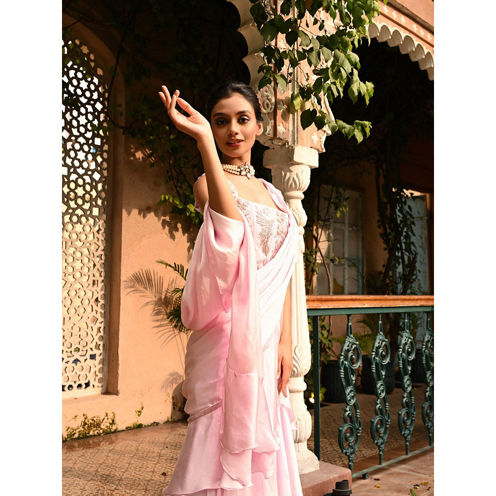 Sunanta Madaan Pink Pre Draped Indo Western Saree with Stitched Blouse