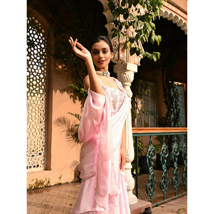 Sunanta Madaan Pink Pre Draped Indo Western Saree with Stitched Blouse