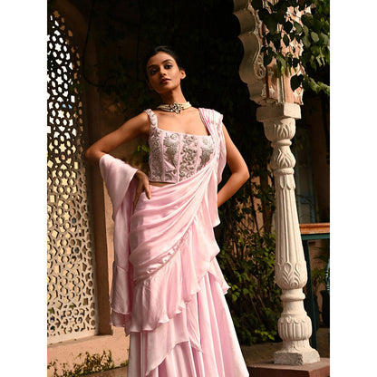 Sunanta Madaan Pink Pre Draped Indo Western Saree with Stitched Blouse