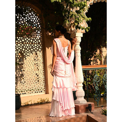 Sunanta Madaan Pink Pre Draped Indo Western Saree with Stitched Blouse
