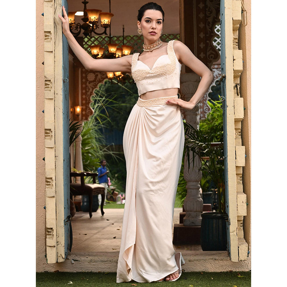 Sunanta Madaan Beige Indo Western Skirt with Crop Top (Set of 2)