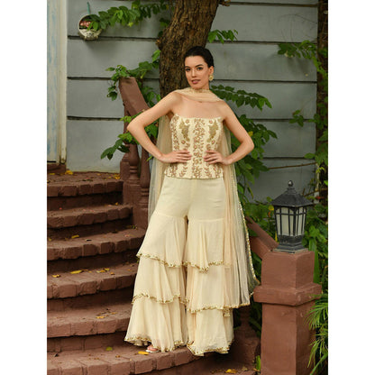 Sunanta Madaan Beige Indo Western Sharara with Top and Dupatta (Set of 3)