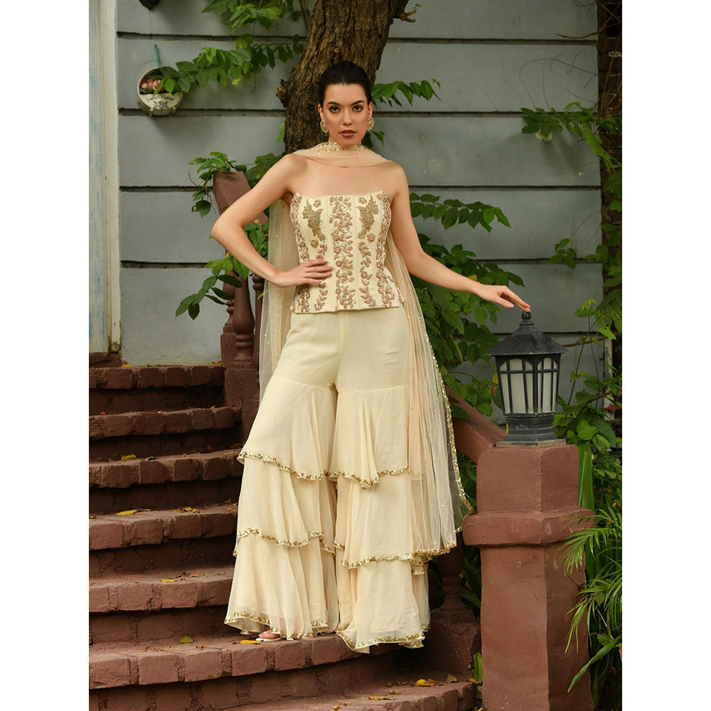 Sunanta Madaan Beige Indo Western Sharara with Top and Dupatta (Set of 3)