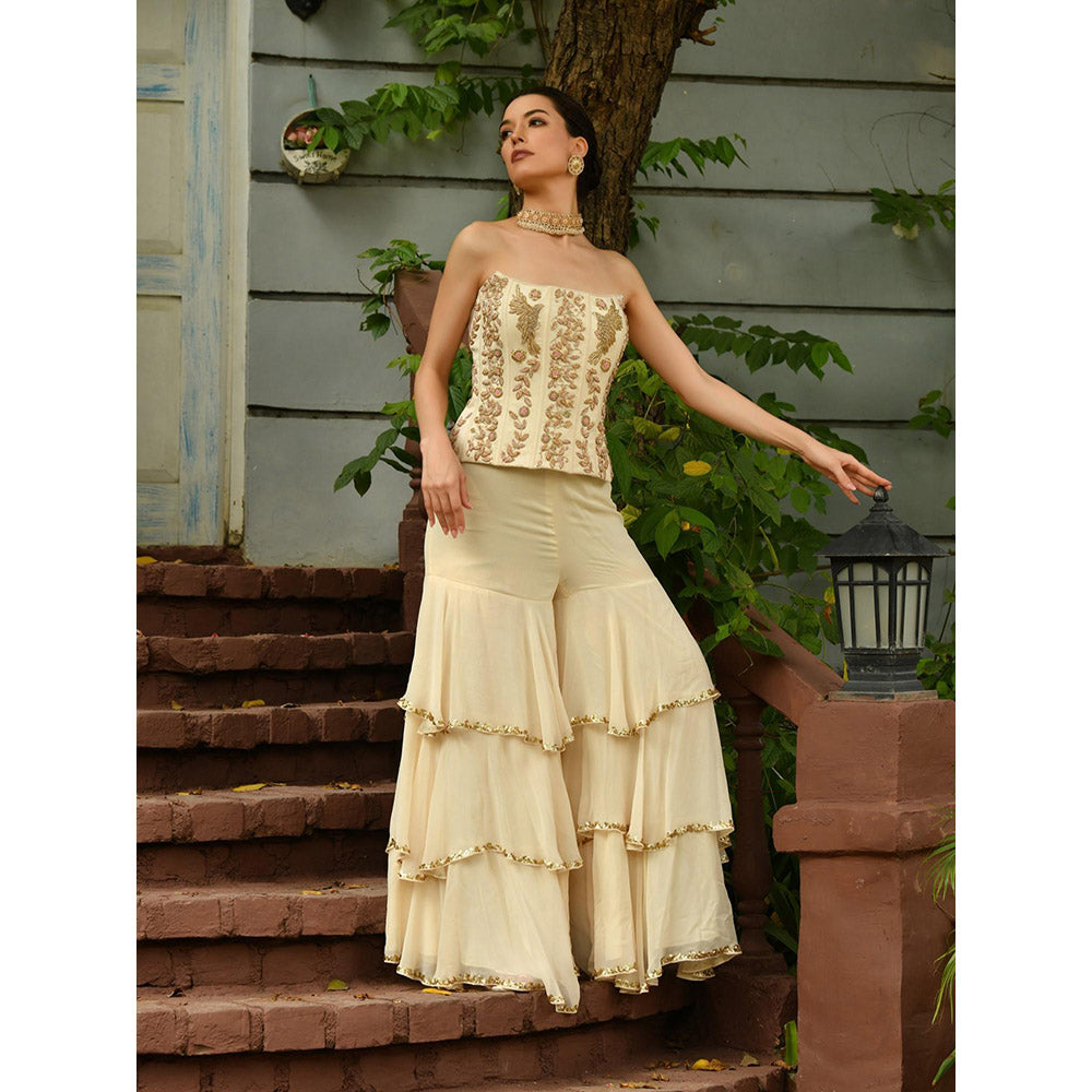 Sunanta Madaan Beige Indo Western Sharara with Top and Dupatta (Set of 3)