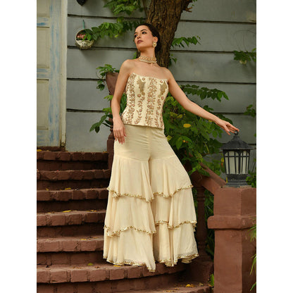Sunanta Madaan Beige Indo Western Sharara with Top and Dupatta (Set of 3)