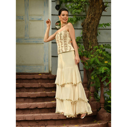 Sunanta Madaan Beige Indo Western Sharara with Top and Dupatta (Set of 3)