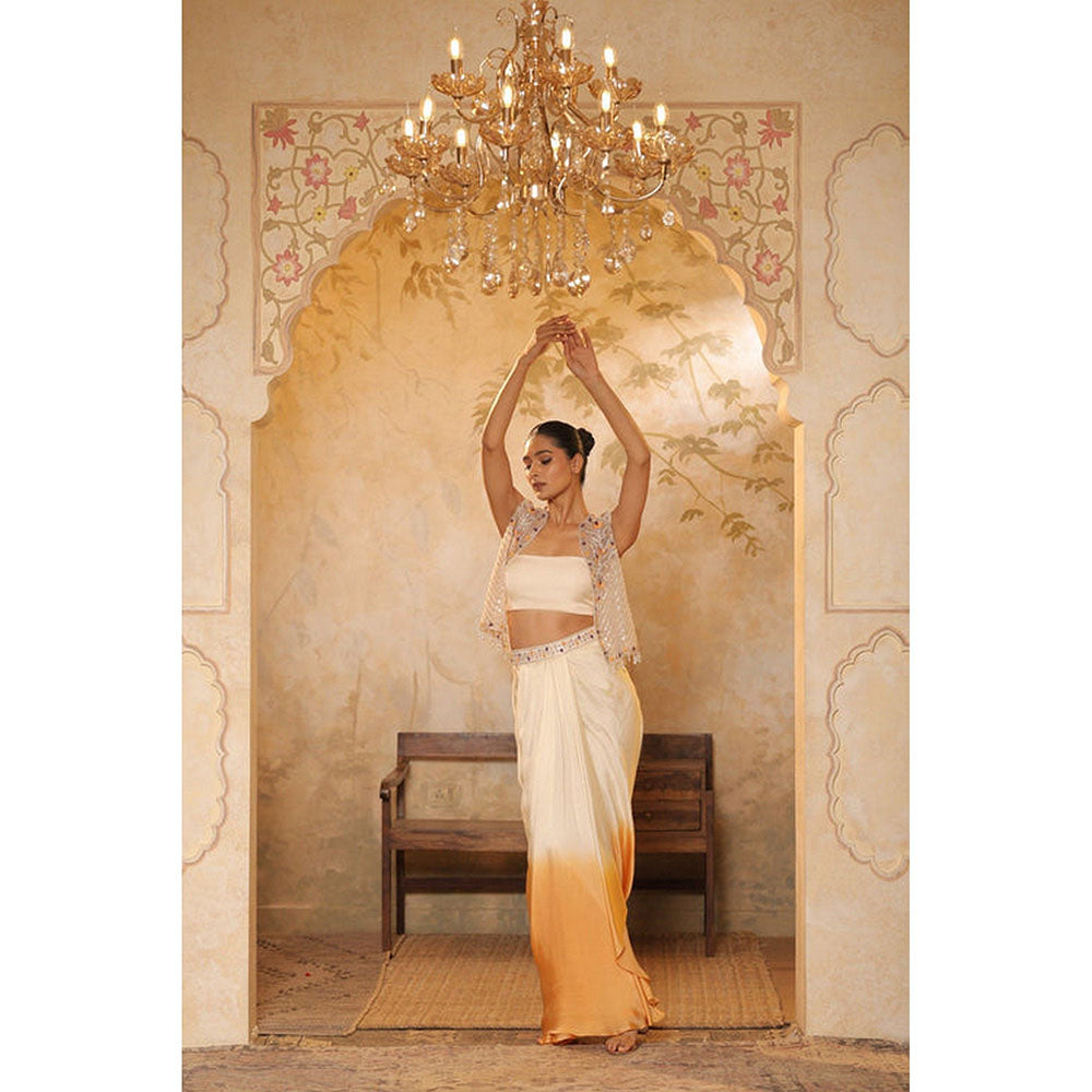 Sunanta Madaan Orange Crepe Hand Embroidered Skirt with Top and Cape
