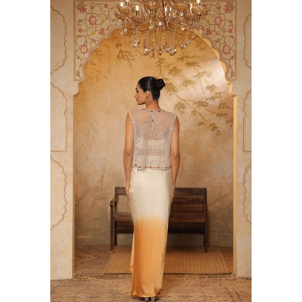 Sunanta Madaan Orange Crepe Hand Embroidered Skirt with Top and Cape