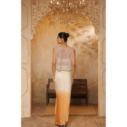 Sunanta Madaan Orange Crepe Hand Embroidered Skirt with Top and Cape