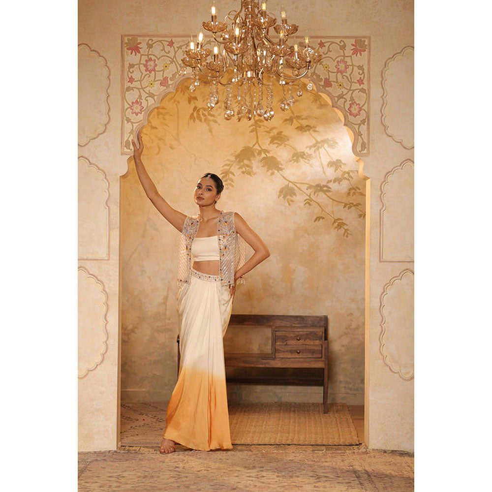 Sunanta Madaan Orange Crepe Hand Embroidered Skirt with Top and Cape