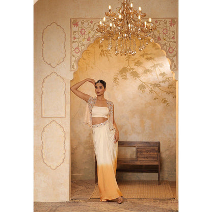 Sunanta Madaan Orange Crepe Hand Embroidered Skirt with Top and Cape