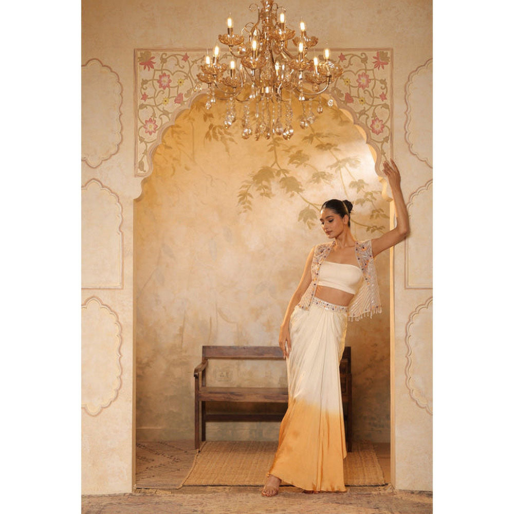 Sunanta Madaan Orange Crepe Hand Embroidered Skirt with Top and Cape