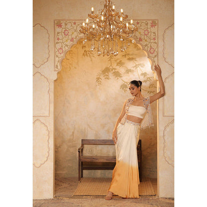 Sunanta Madaan Orange Crepe Hand Embroidered Skirt with Top and Cape