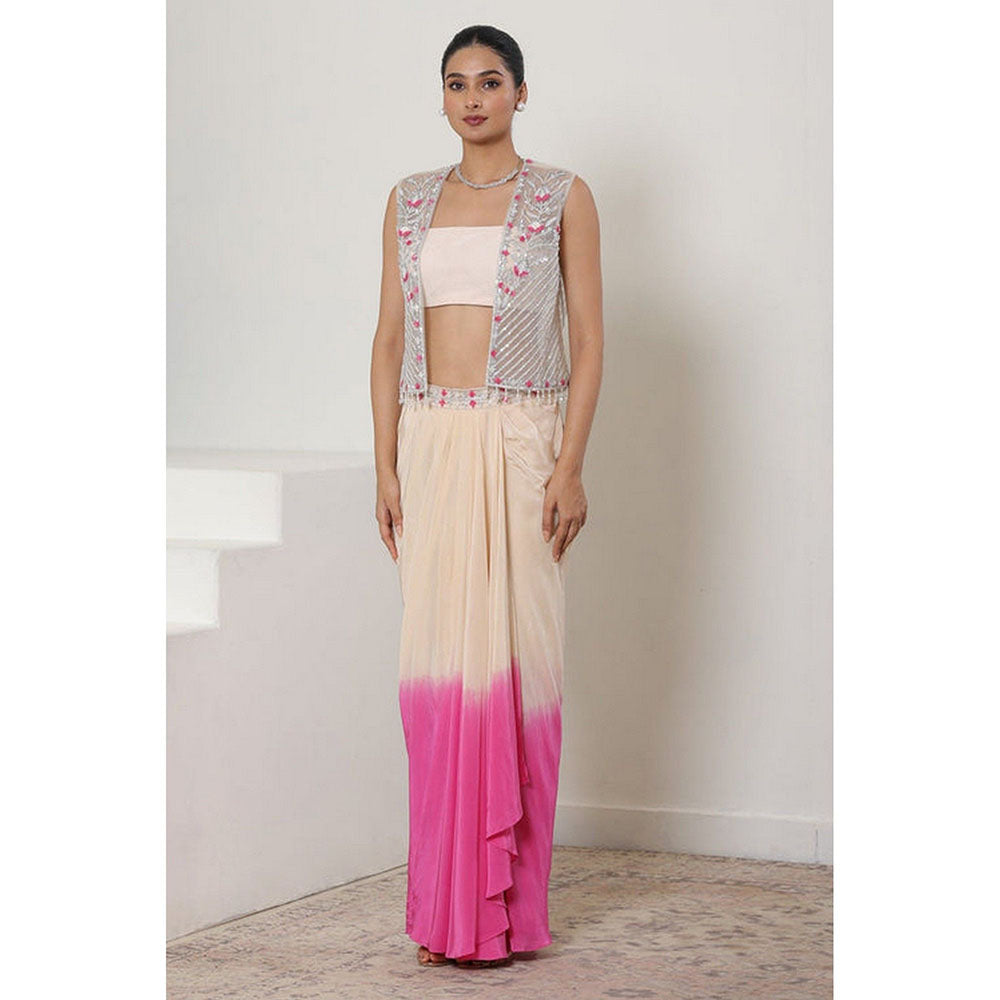 Sunanta Madaan Pink Viscose Crepe Pre Draped Skirt with Top and Cape