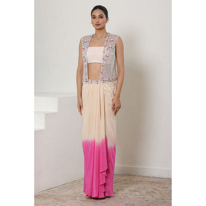 Sunanta Madaan Pink Viscose Crepe Pre Draped Skirt with Top and Cape