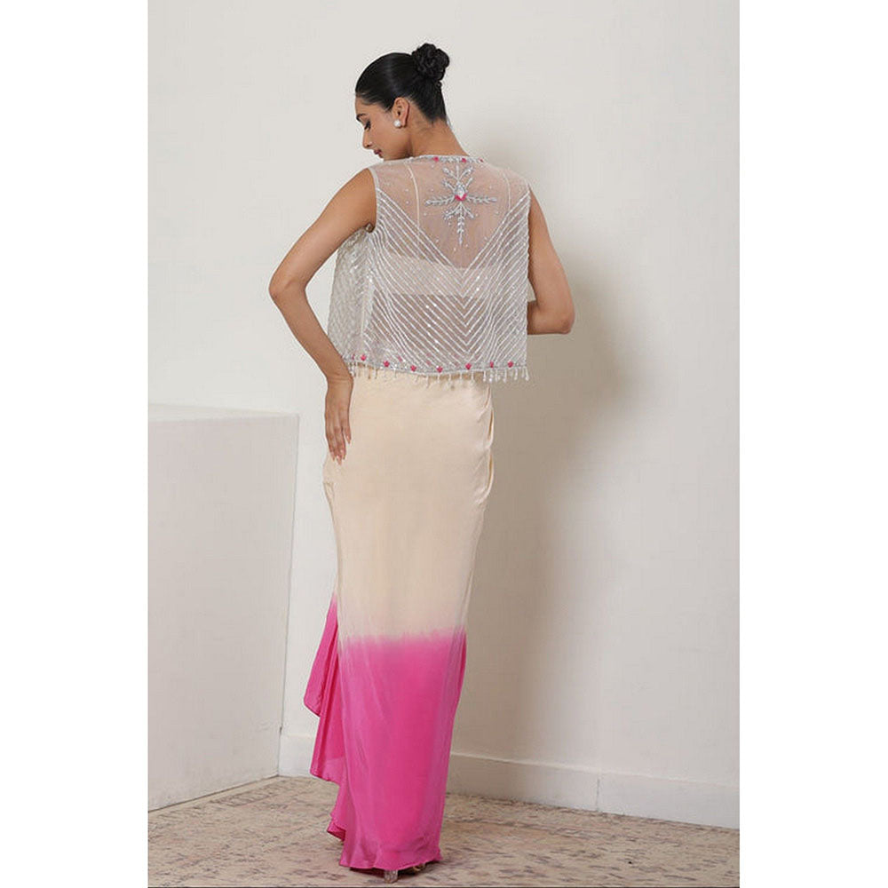Sunanta Madaan Pink Viscose Crepe Pre Draped Skirt with Top and Cape