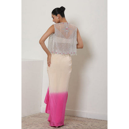 Sunanta Madaan Pink Viscose Crepe Pre Draped Skirt with Top and Cape