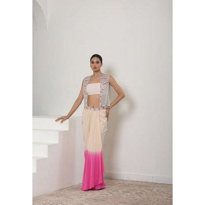 Sunanta Madaan Pink Viscose Crepe Pre Draped Skirt with Top and Cape