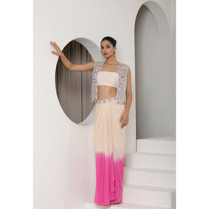 Sunanta Madaan Pink Viscose Crepe Pre Draped Skirt with Top and Cape